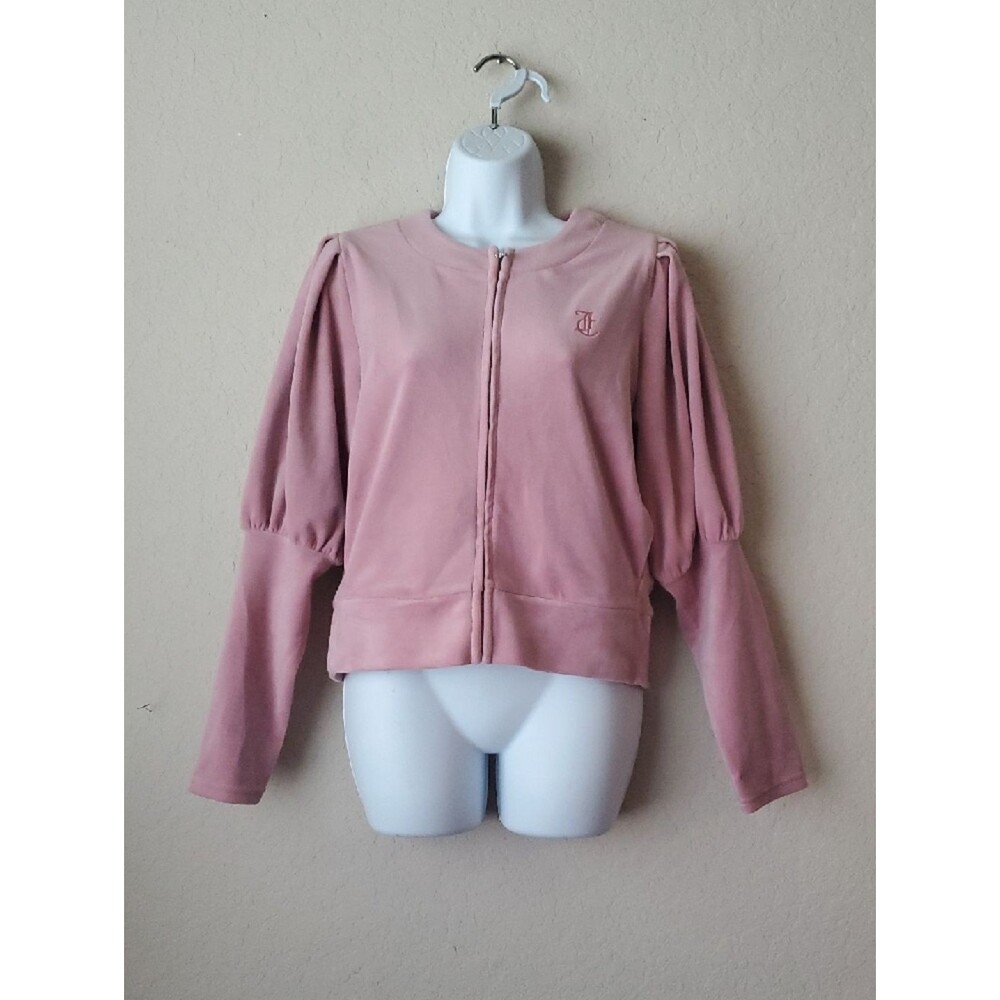 Juicy Couture Pink Velour Jacket Medium M Puff Sleeve Zip Up Track Sweater